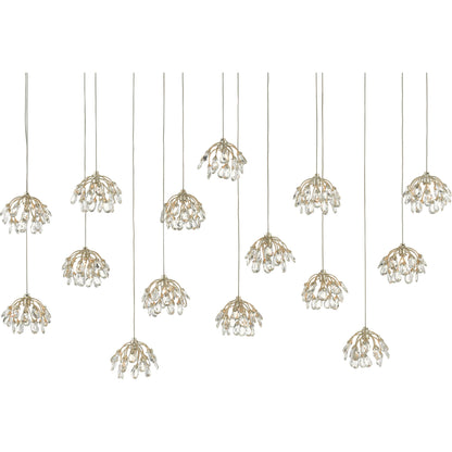 Crystal Bud Linear Pendant by Currey and Company in painted silver, contemporary silver leaf. Made from crystal, wrought iron in a transitional style.