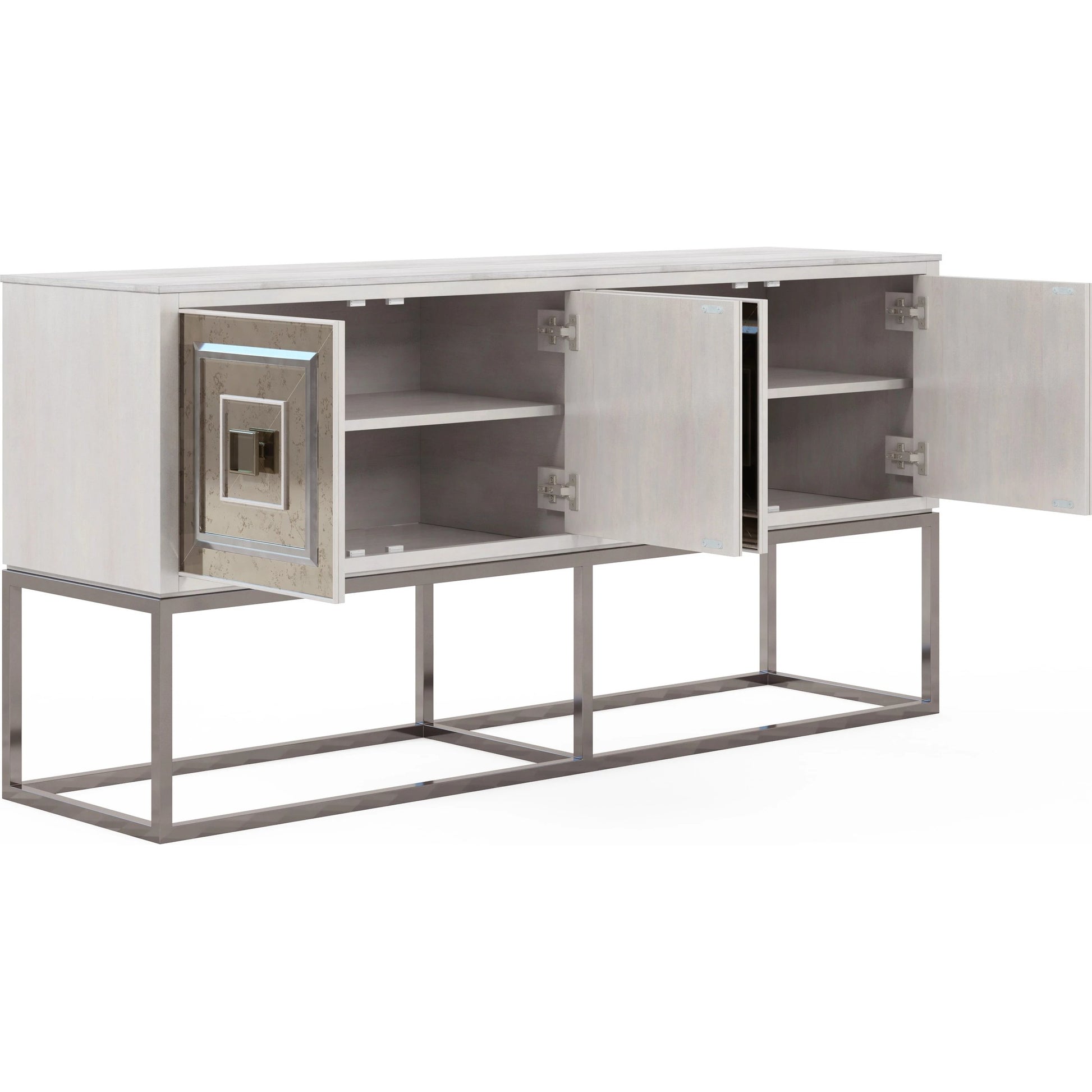 Mezzanine Accent/Media Console by A.R.T. Furniture in dove gray. Made from parawood, poplar solids, maple veneer, mirror, travertine, steel in a modern style.