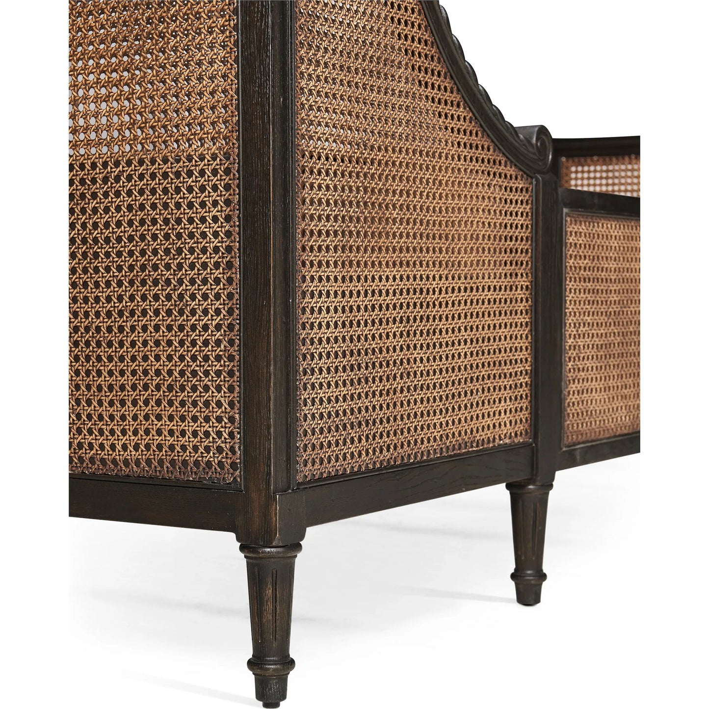 009 SI-2334502 | Closeup | Tangiers Shelter Bed by Jonathan Charles in brown, black and ebonized oak. Made from oak solids, natural cane, flat-cut oak veneers in a rustic style.