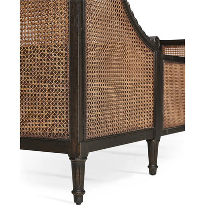 Tangiers Shelter Bed by Jonathan Charles in brown, black and ebonized oak. Made from oak solids, natural cane, flat-cut oak veneers in a rustic style.
