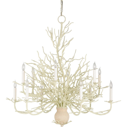Seaward Chandelier by Currey and Company in white coral, natural sand. Made from wrought iron in a coastal style.