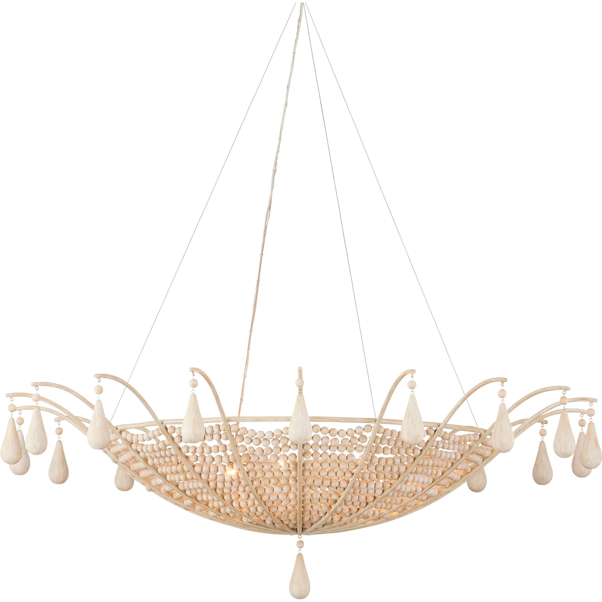 Korg Chandelier by Currey and Company in sandstone. Made from wood beads, wrought iron in a cottage & farmhouse style.