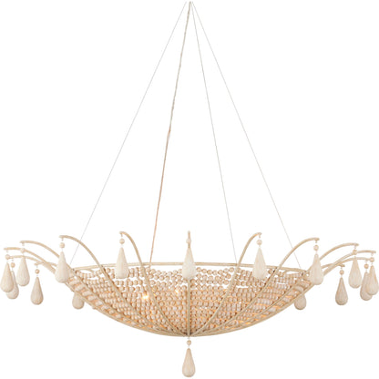 Korg Chandelier by Currey and Company in sandstone. Made from wood beads, wrought iron in a cottage & farmhouse style.