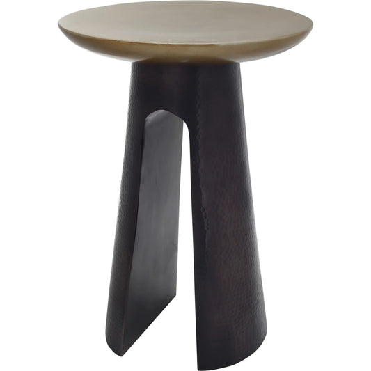 Pince Accent Table by Currey and Company in black nickel, antique brass. Made from cast aluminum in a rustic style.