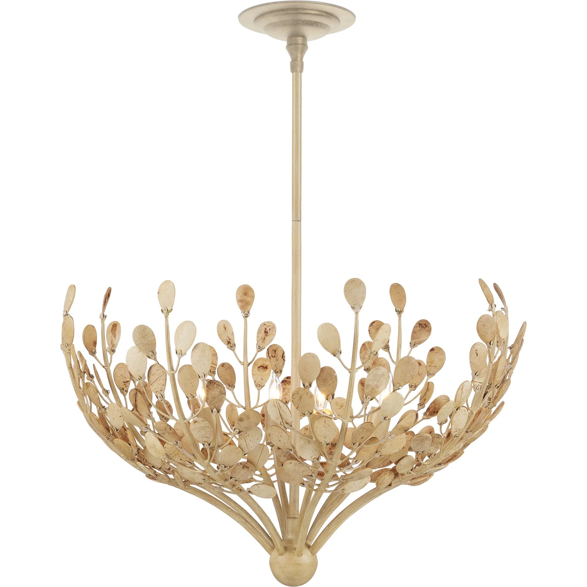 Maypan Chandelier by Currey and Company in coco cream, natural. Made from wrought iron, coco shells in a modern style.