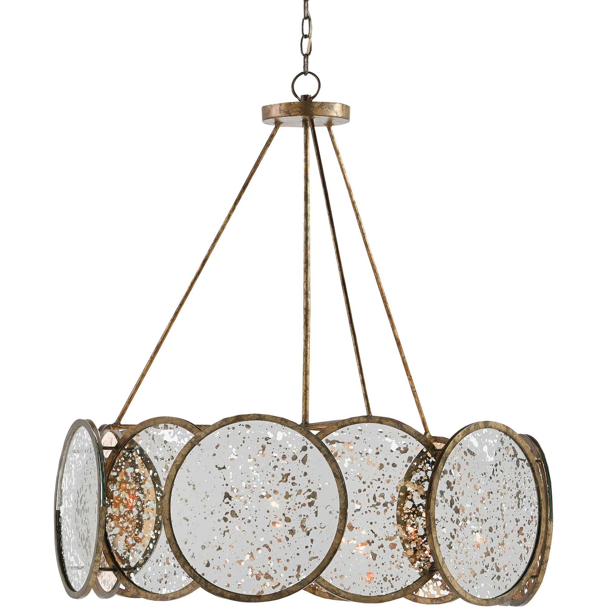 Oliveri Chandelier by Currey and Company in pyrite bronze, raj mirror. Made from wrought iron, glass in a modern style.