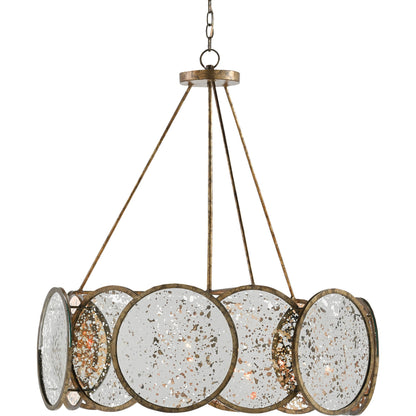 Oliveri Chandelier by Currey and Company in pyrite bronze, raj mirror. Made from wrought iron, glass in a modern style.