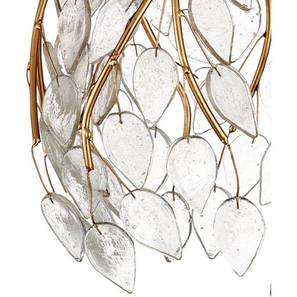 Banyan 15-Light Linear Multi-Drop Pendant by Currey and Company in antique brass, clear, silver. Made from metal, glass in a modern style.