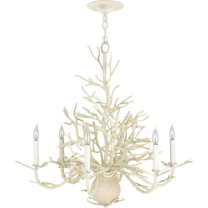 Seaward Chandelier by Currey and Company in white coral, natural sand. Made from wrought iron in a coastal style.