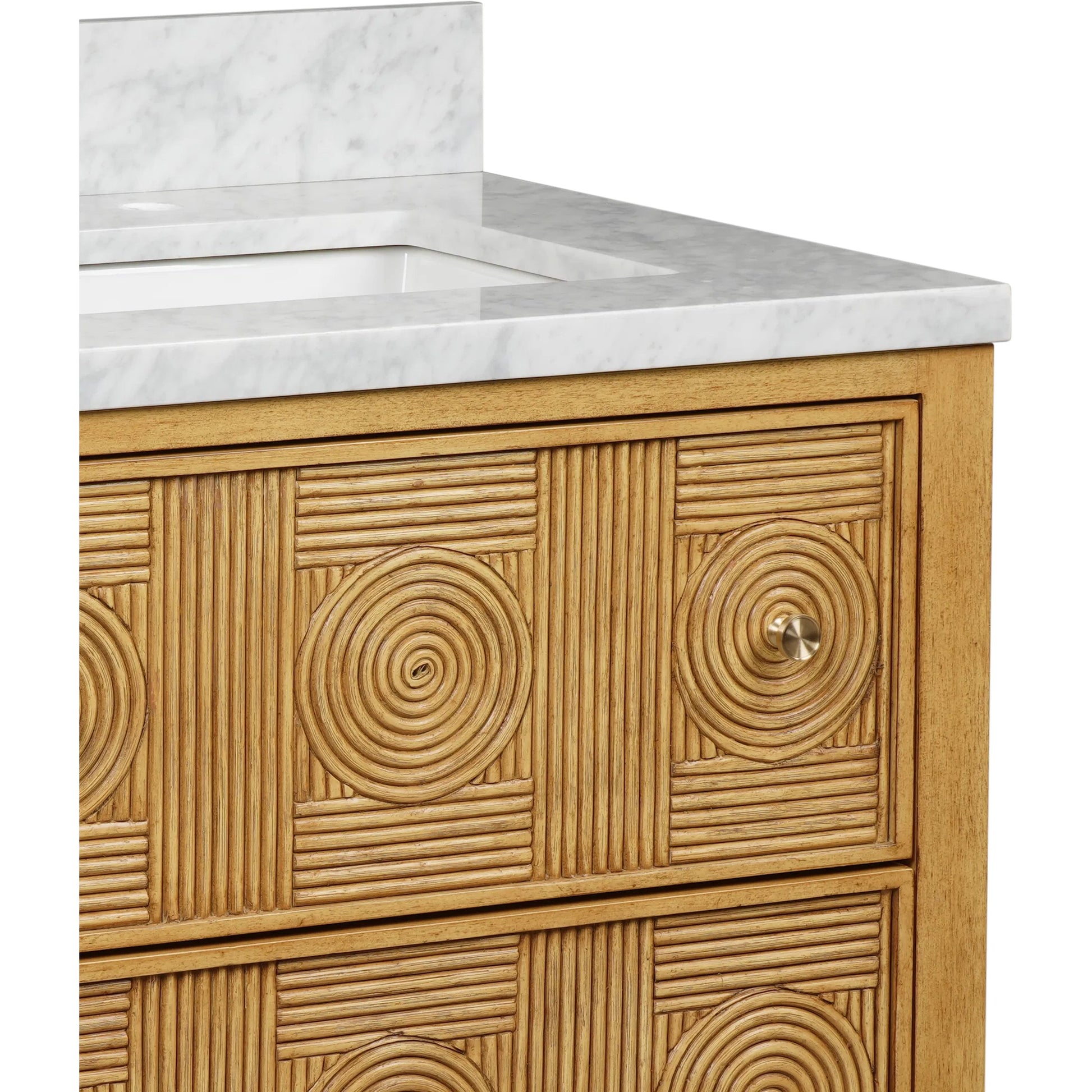 Santos 28" Vanity with Undermount Sink by Currey and Company. Made from rattan, mahogany, carrara marble, vitreous china, sungkai wood, brass in a unique style.