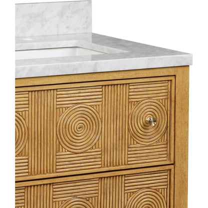Santos 28" Vanity with Undermount Sink by Currey and Company. Made from rattan, mahogany, carrara marble, vitreous china, sungkai wood, brass in a unique style.