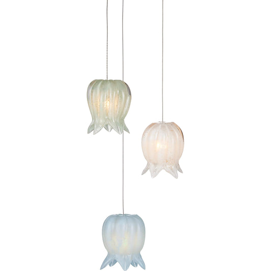 Polpo Misto 3-Light Multi-Drop Pendant by Currey and Company in blue, green, white, silver. Made from art glass, metal in a modern style.