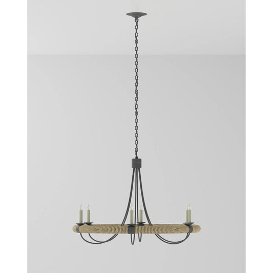 Shipwright Chandelier by Currey and Company in french black, smokewood, natural abaca rope. Made from wrought iron, abaca rope in a cottage & farmhouse style.