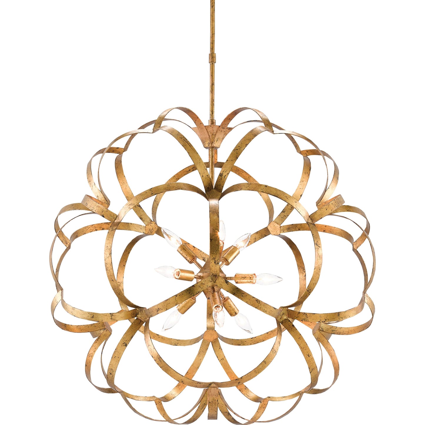001 S-291316 | Primary Silo | Sappho Orb Chandelier by Currey and Company in new gold leaf. Made from wrought iron in a modern style.