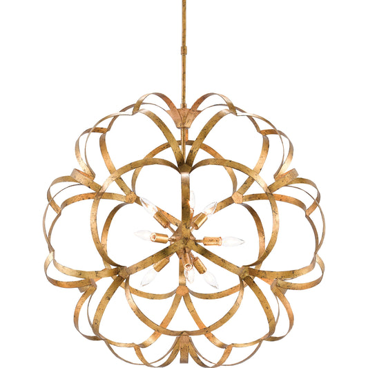Sappho Orb Chandelier by Currey and Company in new gold leaf. Made from wrought iron in a modern style.