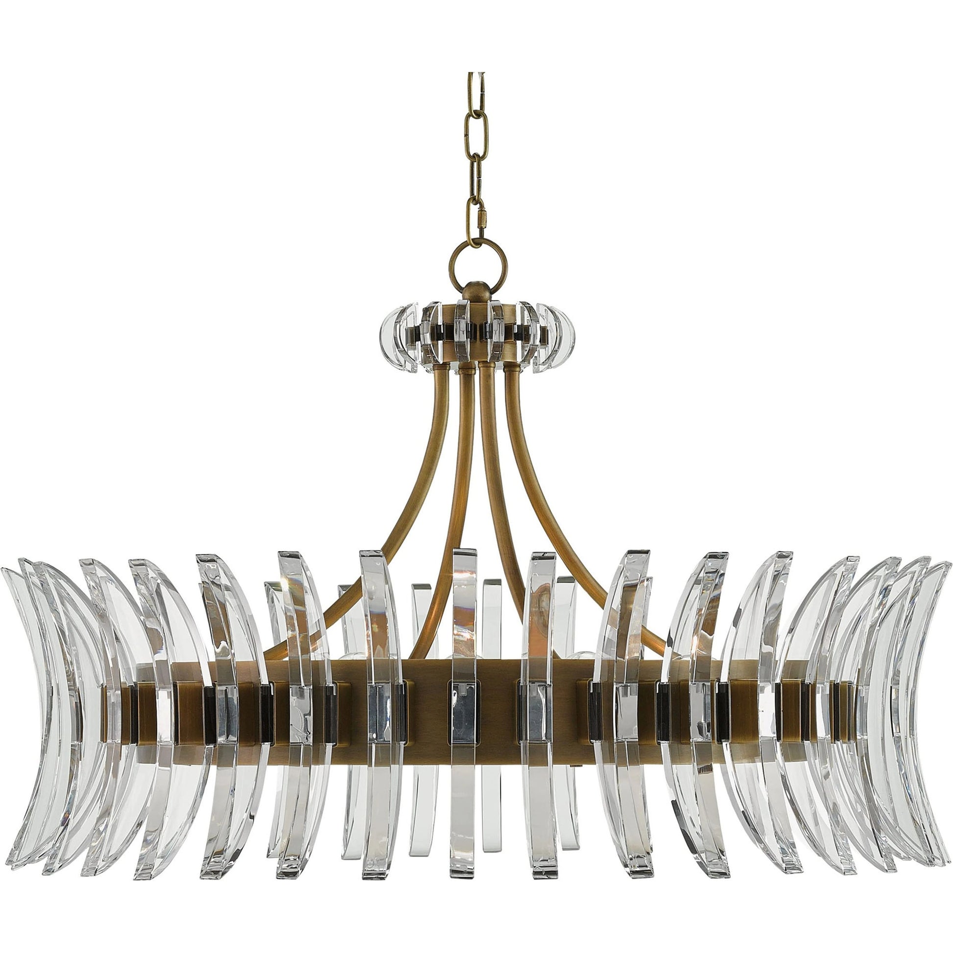 Coquette Brass Chandelier by Currey and Company in antique brass. Made from metal, crystal in a modern style.