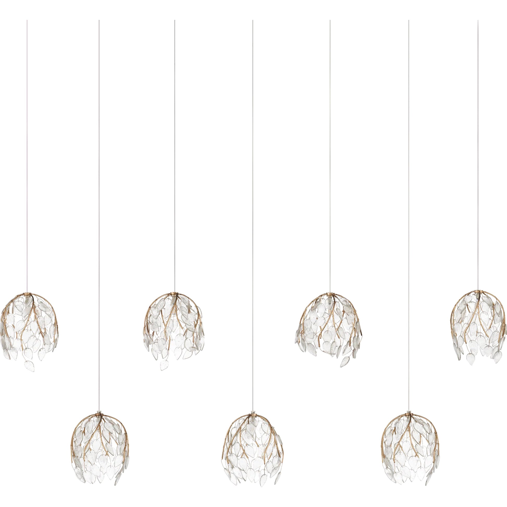 Banyan 7-Light Linear Multi-Drop Pendant by Currey and Company in antique brass, clear, silver. Made from metal, glass in a modern style.
