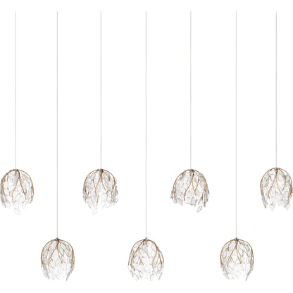 Banyan 7-Light Linear Multi-Drop Pendant by Currey and Company in antique brass, clear, silver. Made from metal, glass in a modern style.