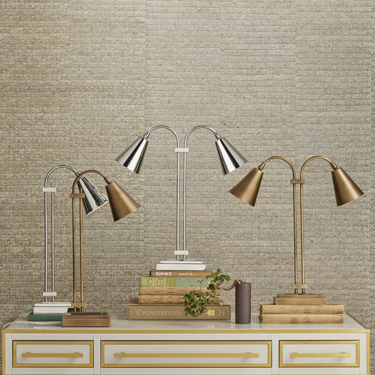 Symmetry Desk Lamp by Currey and Company in antique brass. Made from metal in a transitional style.