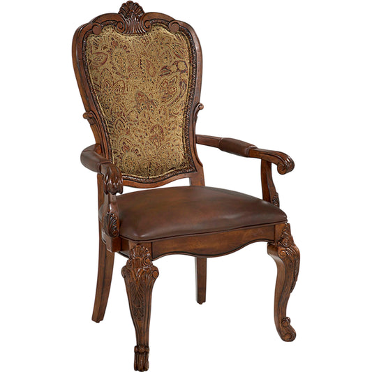 Old World Upholstered Back Arm Chair (Set of 2) by A.R.T. Furniture in brown and medium cherry. Made from parawood solids, cherry and avodire veneers, foam fabric, leather in a traditional style.