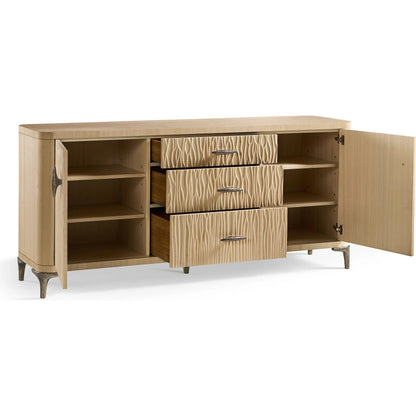 Water Breaker Mixed Media Credenza by Jonathan Charles in beige and ash blonde. Made from dyed koto veneer, bone, leather, metal in a transitional style.