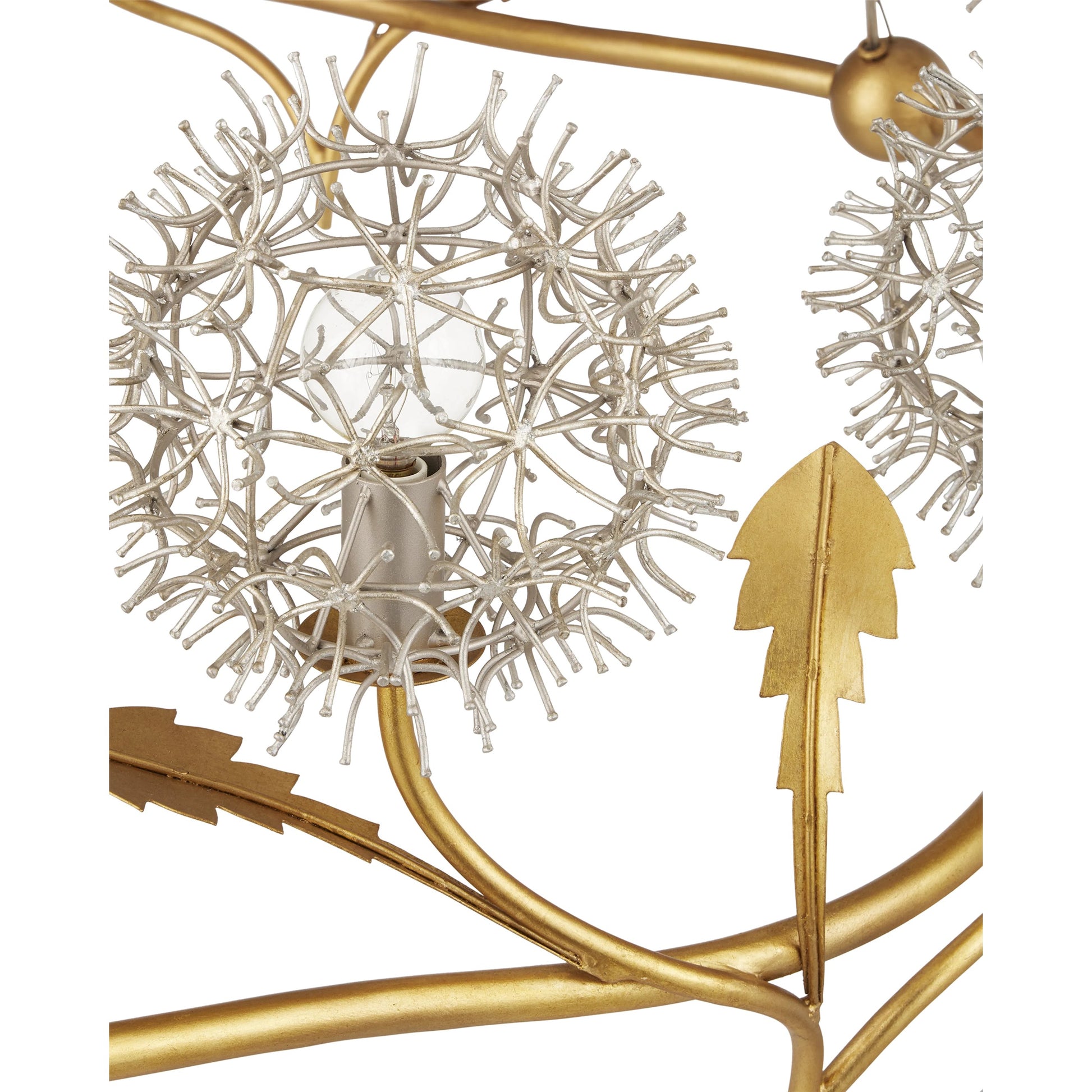 Dandelion Chandelier by Currey and Company in contemporary silver leaf, contemporary gold leaf. Made from wrought iron in a modern style.