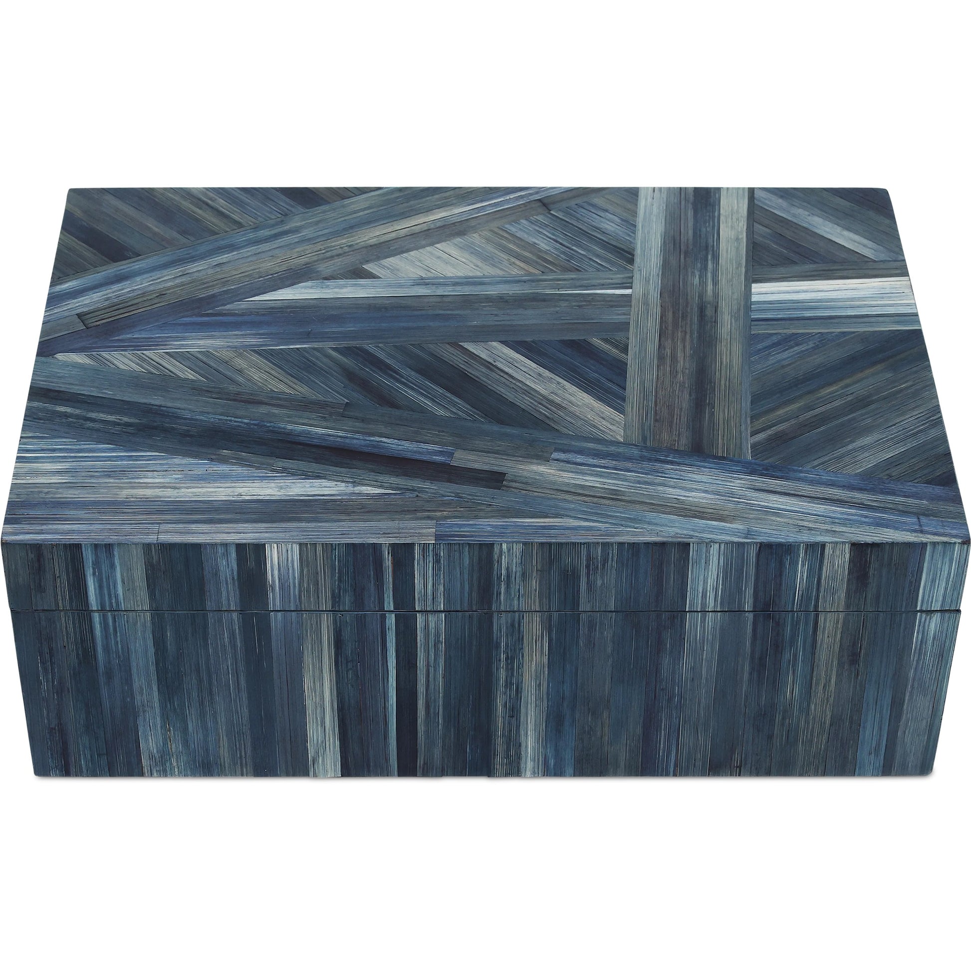 Winter Harvest Box by Currey and Company in blue. Made from straw, suede, engineered wood in a modern style.