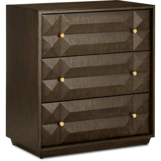 Kendall Chest by Currey and Company in dove gray, polished brass. Made from oak solids, veneers, brass in a transitional style.