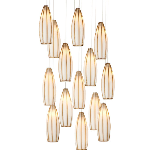 Parish 15-Light Round Multi-Drop Pendant by Currey and Company in white, antique brass, silver. Made from glass, metal in a modern style.