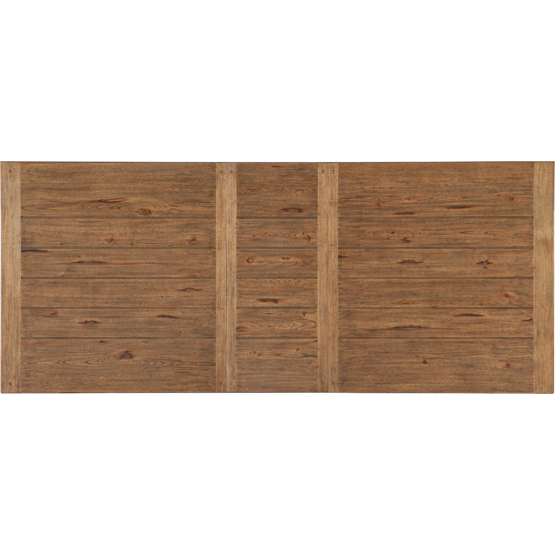 Big Sky Trestle Dining Table by Hooker Furniture in vintage natural, charred timber. Made from pecky hickory veneers, solid-wood edged top in a modern style.