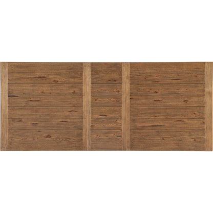 Big Sky Trestle Dining Table by Hooker Furniture in vintage natural, charred timber. Made from pecky hickory veneers, solid-wood edged top in a modern style.