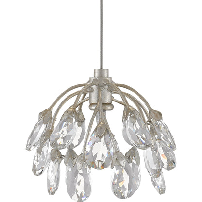 Crystal Bud Linear Pendant by Currey and Company in painted silver, contemporary silver leaf. Made from crystal, wrought iron in a transitional style.