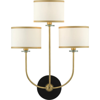 Croydon Wall Sconce by Currey and Company in brass, satin black, white. Made from wrought iron, glass, fabric in a traditional style.