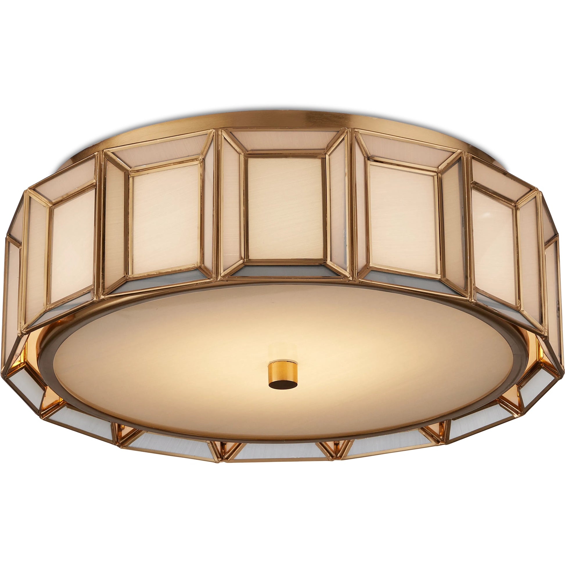 Daze Flush Mount by Currey and Company in antique brass, white. Made from brass, hand-painted glass, metal in a traditional style.