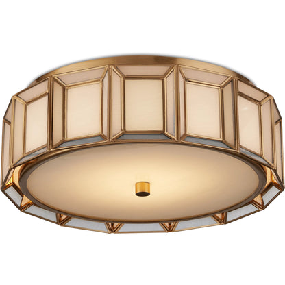 Daze Flush Mount by Currey and Company in antique brass, white. Made from brass, hand-painted glass, metal in a traditional style.