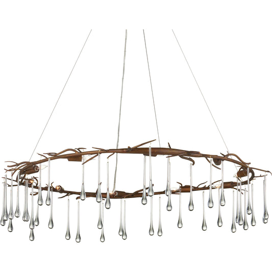 Morning Grove Chandelier by Currey and Company in rhine gold, clear. Made from wrought iron, glass in a cottage & farmhouse style.