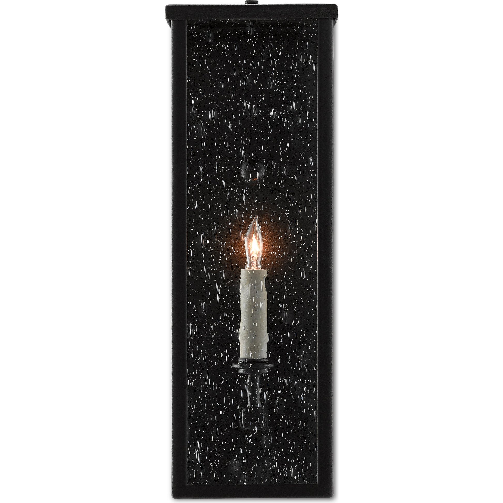 Tanzy Outdoor Wall Sconce by Currey and Company in midnight. Made from wrought iron, seeded glass in a transitional style.