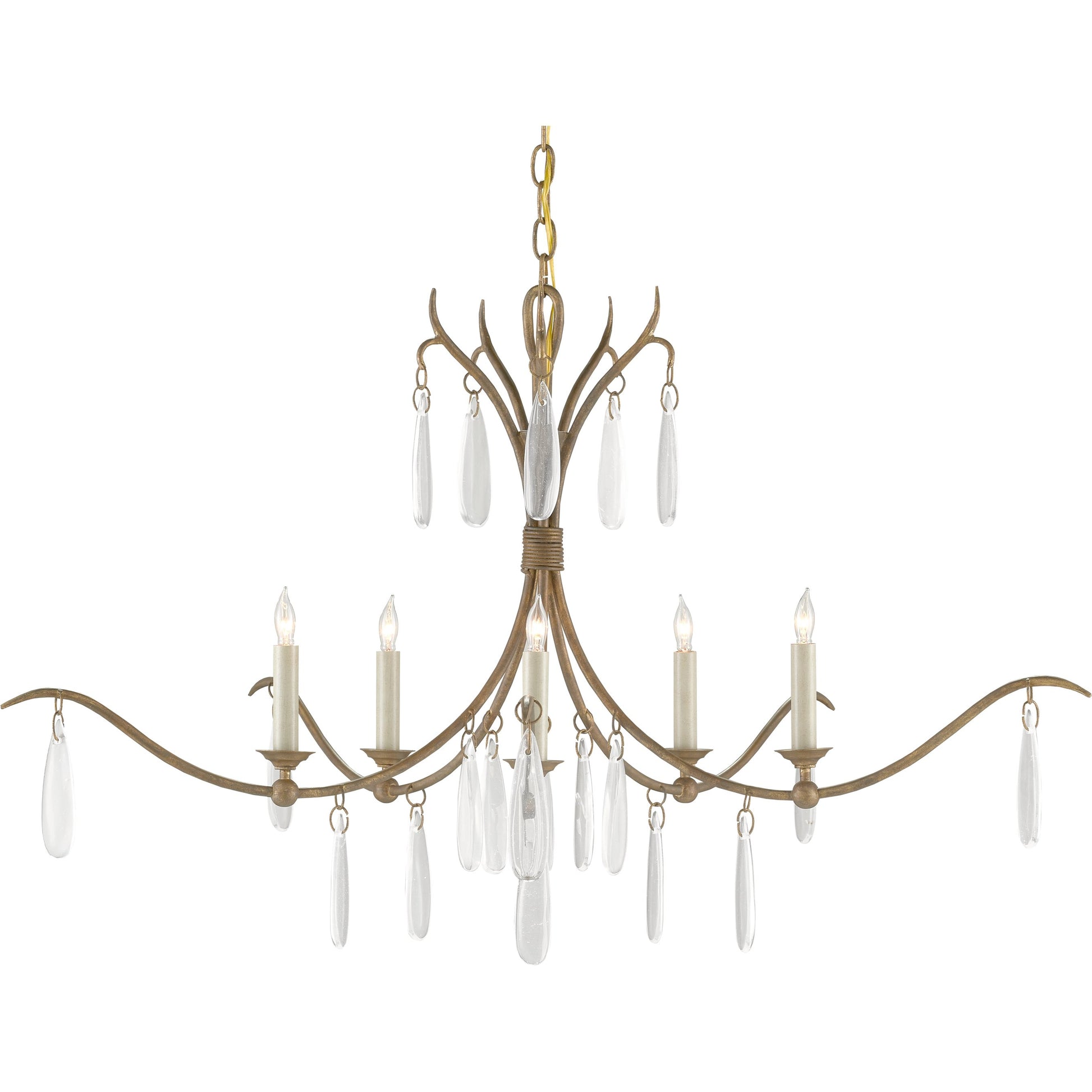 Marshallia Chandelier by Currey and Company in rustic gold, faux rock crystal. Made from wrought iron, glass in a transitional style.