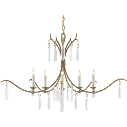 Marshallia Chandelier by Currey and Company in rustic gold, faux rock crystal. Made from wrought iron, glass in a transitional style.