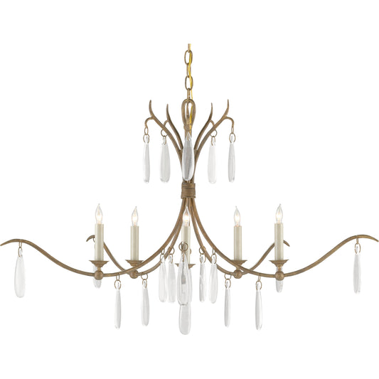 Marshallia Chandelier by Currey and Company in rustic gold, faux rock crystal. Made from wrought iron, glass in a transitional style.