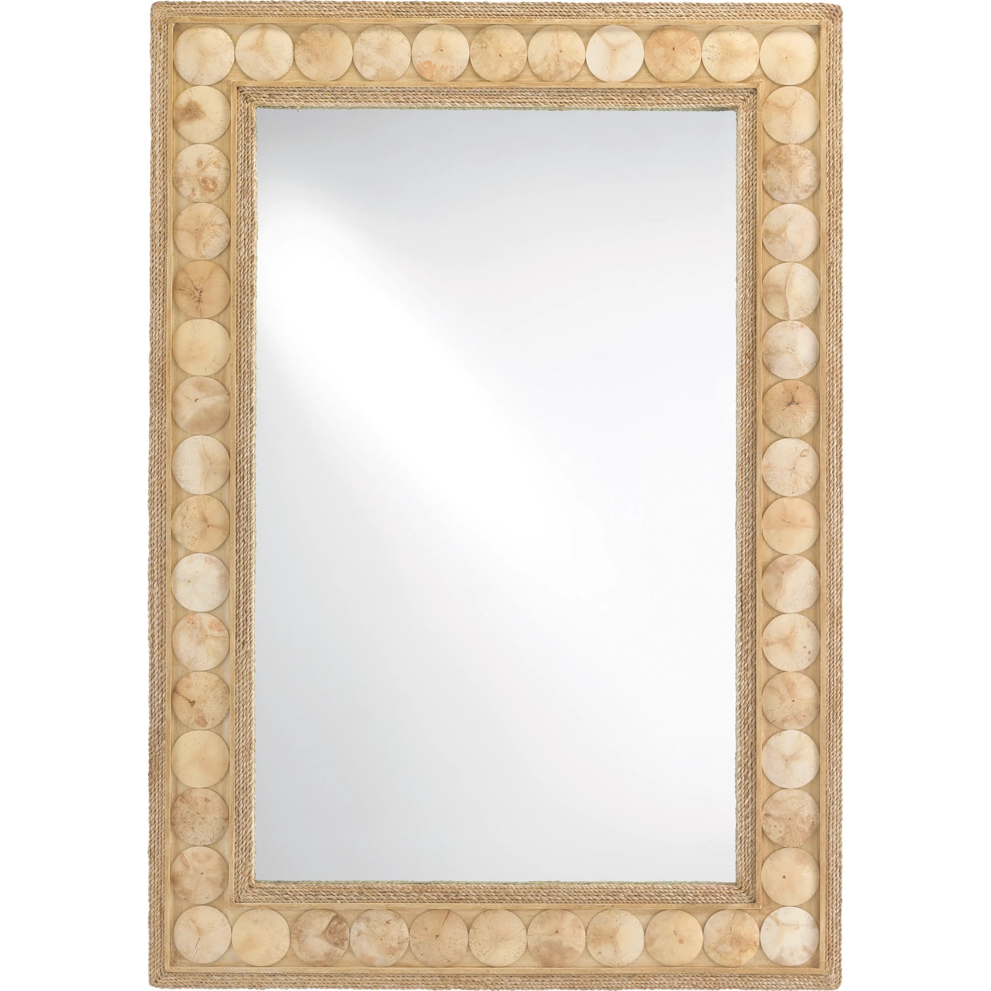 Buko Rectangular Mirror by Currey and Company in straw, natural abaca rope, coco shell, mirror. Made from wood, abaca rope, coco shell, glass in a modern style.