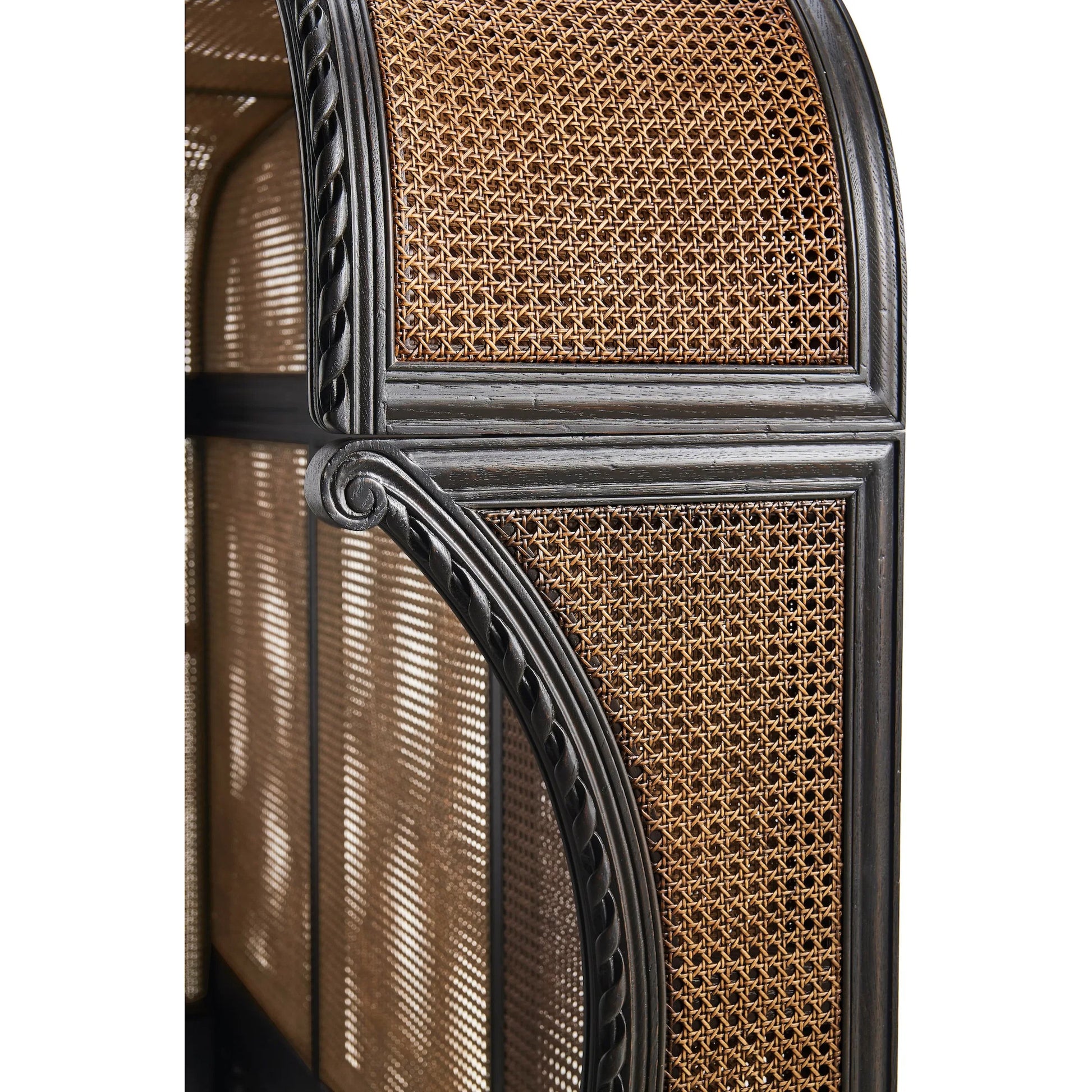 Tangiers Shelter Bed by Jonathan Charles in brown, black and ebonized oak. Made from oak solids, natural cane, flat-cut oak veneers in a rustic style.