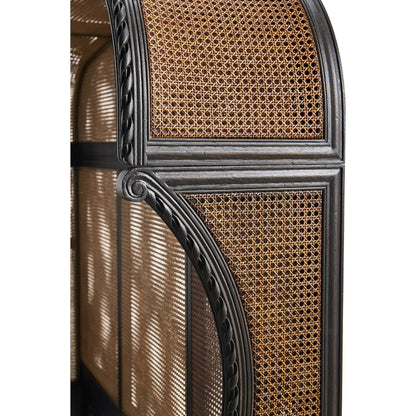 Tangiers Shelter Bed by Jonathan Charles in brown, black and ebonized oak. Made from oak solids, natural cane, flat-cut oak veneers in a rustic style.