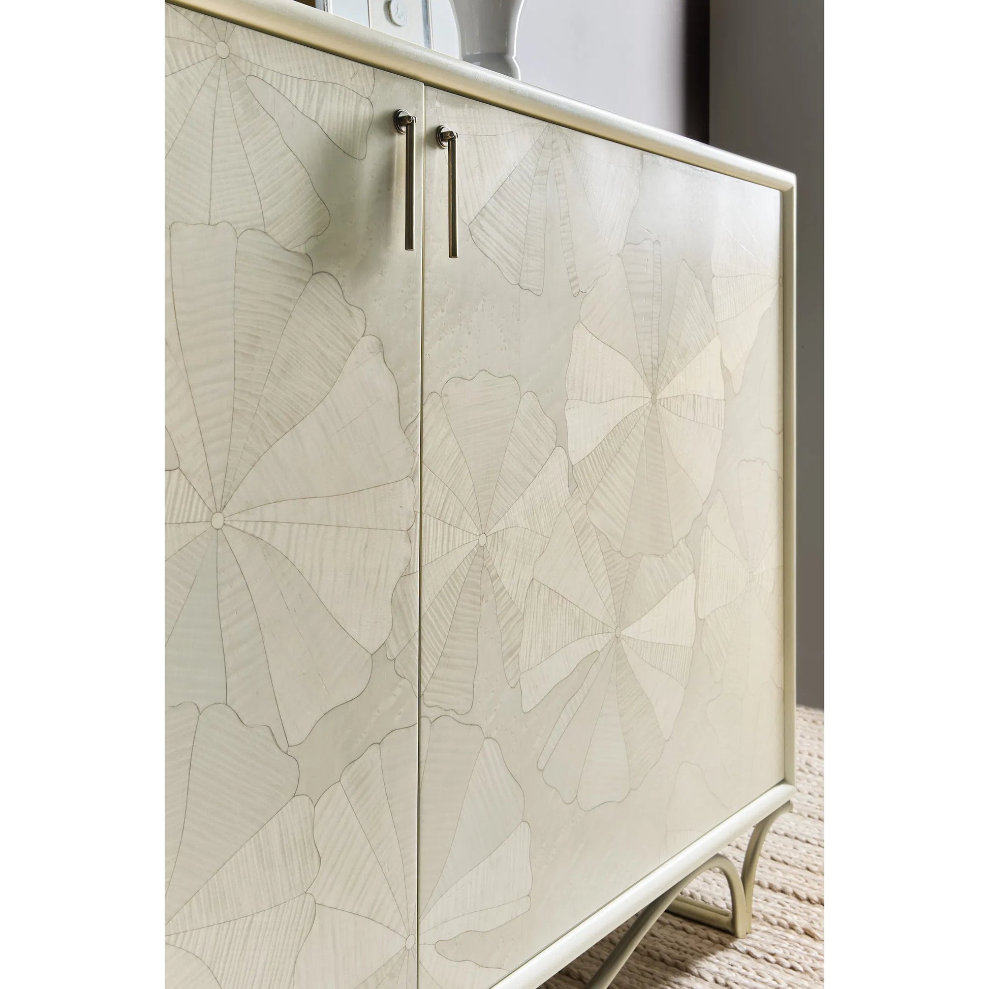 Melange White Lotus Hall Chest by Hooker Furniture in white painted, metal. Made from metal, birch veneers, dyed white figured maple veneers, dyed white birdseye maple veneers, fabric, 100% polyester in a transitional style.