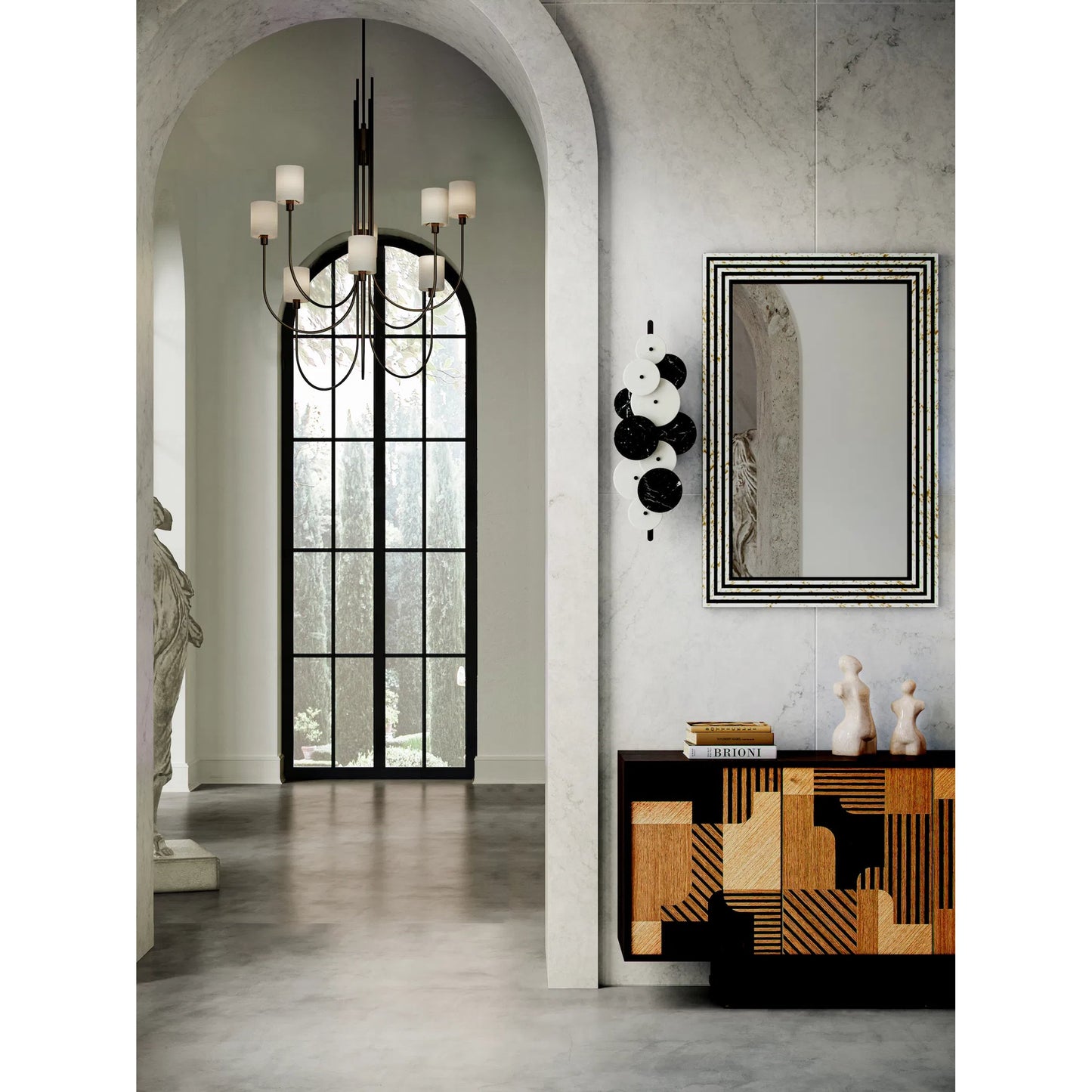 011 SI-2133964 | Lifestyle | Inyo Wall Sconce by Currey and Company in natural, satin black. Made from alabaster, marble, metal in a modern style.