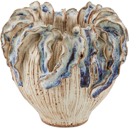 Tropical Crown Vase by Currey and Company in ivory, reactive blue. Made from ceramic in a unique style.
