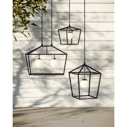 Denison Outdoor Lantern by Currey and Company in black, frosted white. Made from wrought iron, glass in a modern style.
