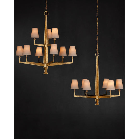 Goldfinch Chandelier by Currey and Company in washed lucerne gold. Made from wrought iron in a modern style.