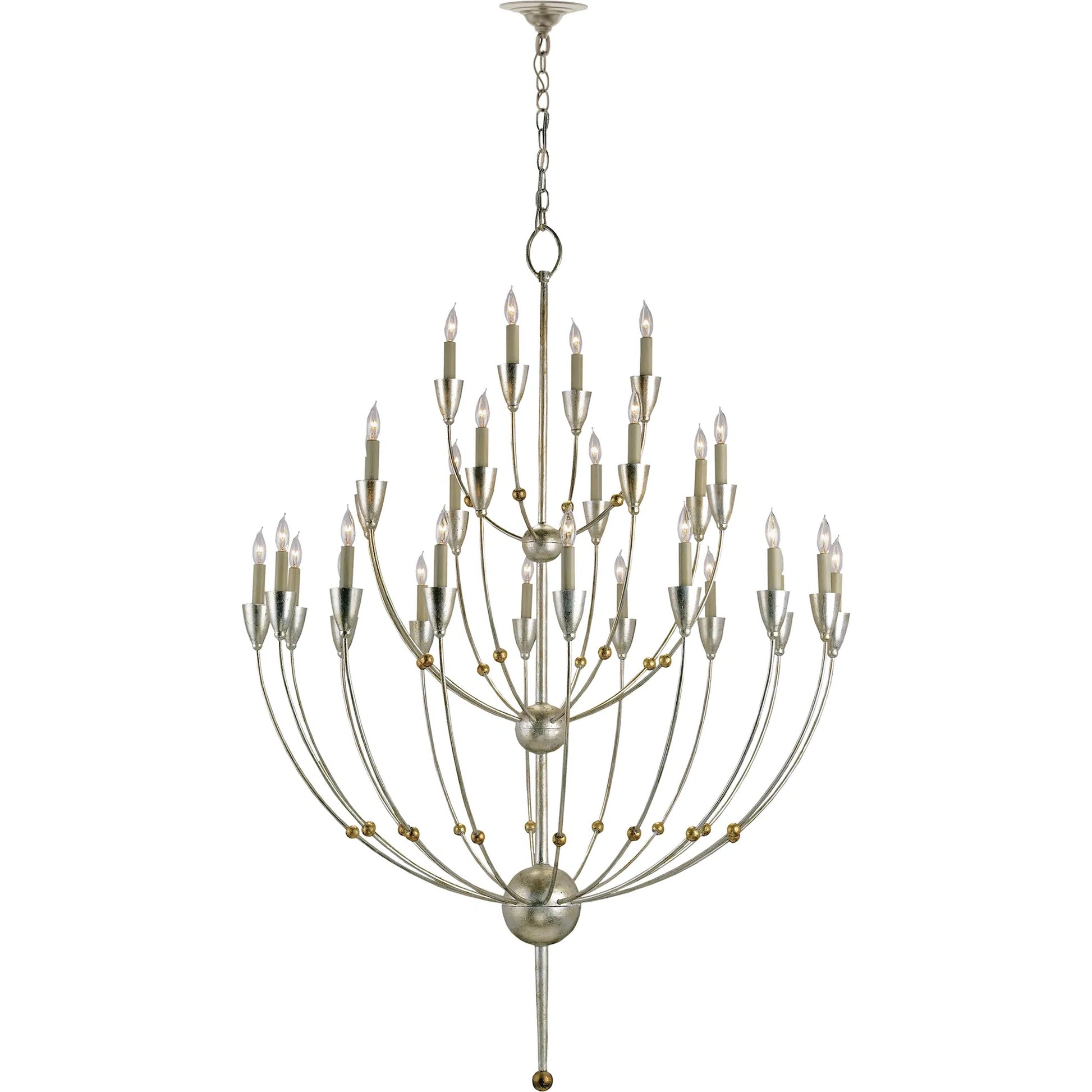 Paradox Chandelier by Currey and Company in silver granello, gold leaf. Made from wrought iron in a modern style.