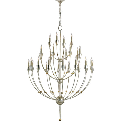 Paradox Chandelier by Currey and Company in silver granello, gold leaf. Made from wrought iron in a modern style.